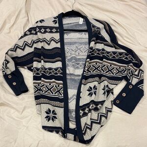 Boutique Navy and Cream Patterned Open Sweater